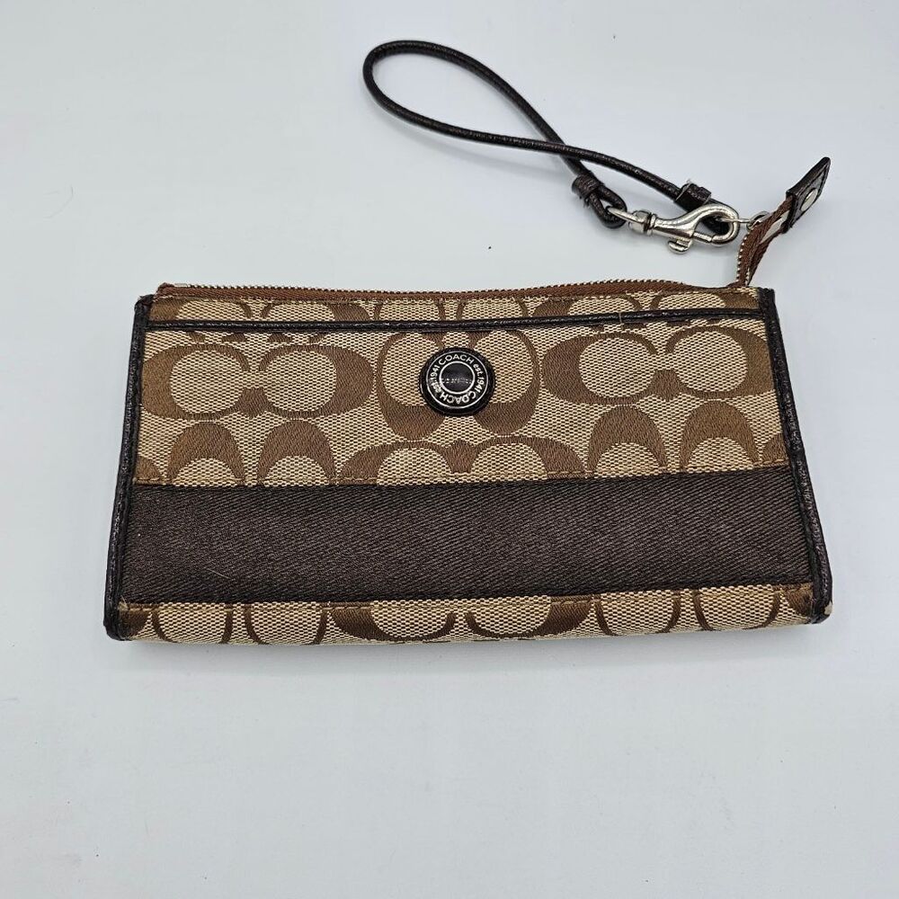 Coach Signature Jacquard Wristlet Wallet Khaki Brown Zip Clutch Leather Trim